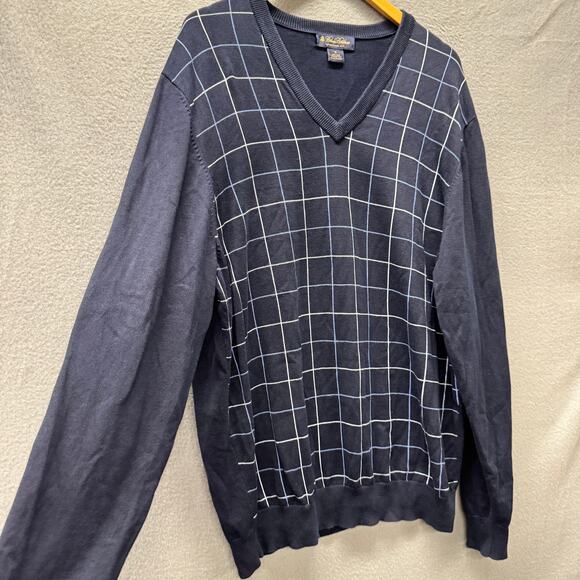 Brooks Brothers Sweater Mens XL Silk Cotton Knit Blue V-Neck Windowpane Plaid - Picture 3 of 6